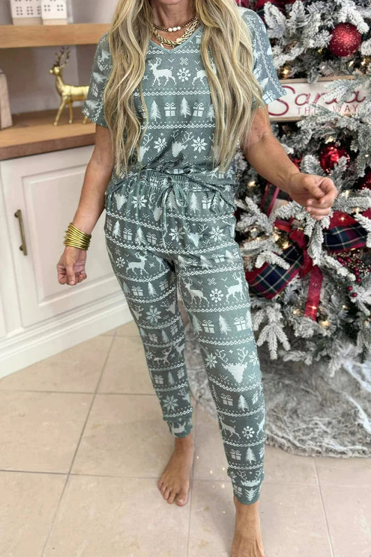Green Snowflake Print V Neck Tee Drawstring Pants 2pcs Lounge Set image 1