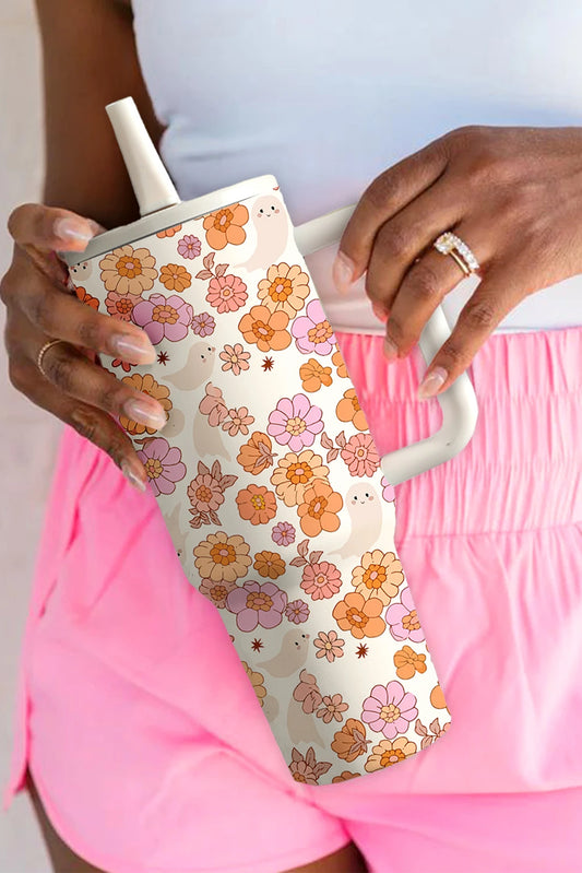 White Cute Floral Ghost Printed Flip Straw Stainless Steel Tumbler image 1