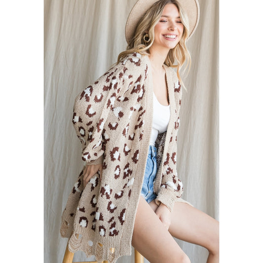 Cozy Ideal Taupe Leopard Print Distressed Cardigan image 1