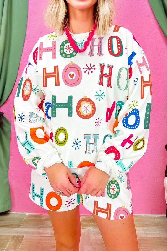 White Ho Ho Ho Christmas Fashion Print 2pcs Lounge Short Set image 1