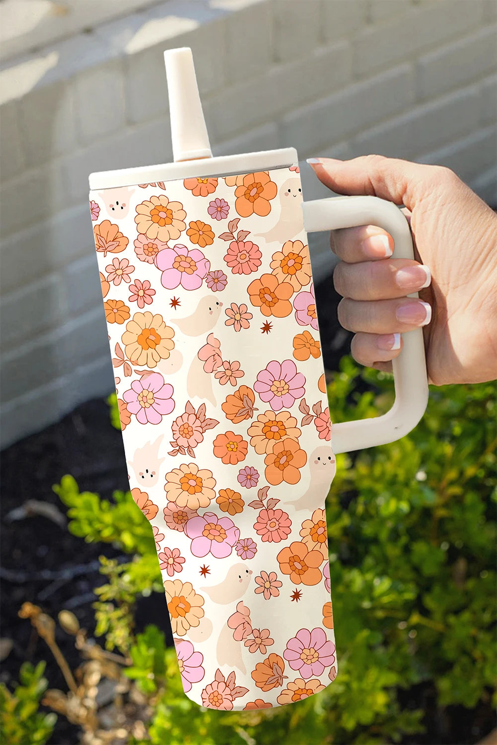 White Cute Floral Ghost Printed Flip Straw Stainless Steel Tumbler image 2