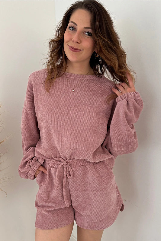 Fushia Solid Color Textured Knit Drop Shoulder Pullover Drawstring Shorts Set image 1