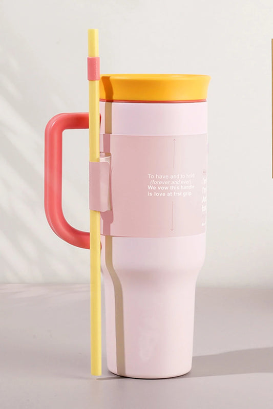 Light Pink Color Block Handle Lid Stainless Steel Insulation Tumbler with Straw image 1