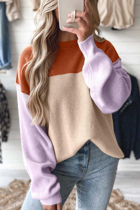 Khaki Color Block Plain Ribbed Knit Baggy Sweater