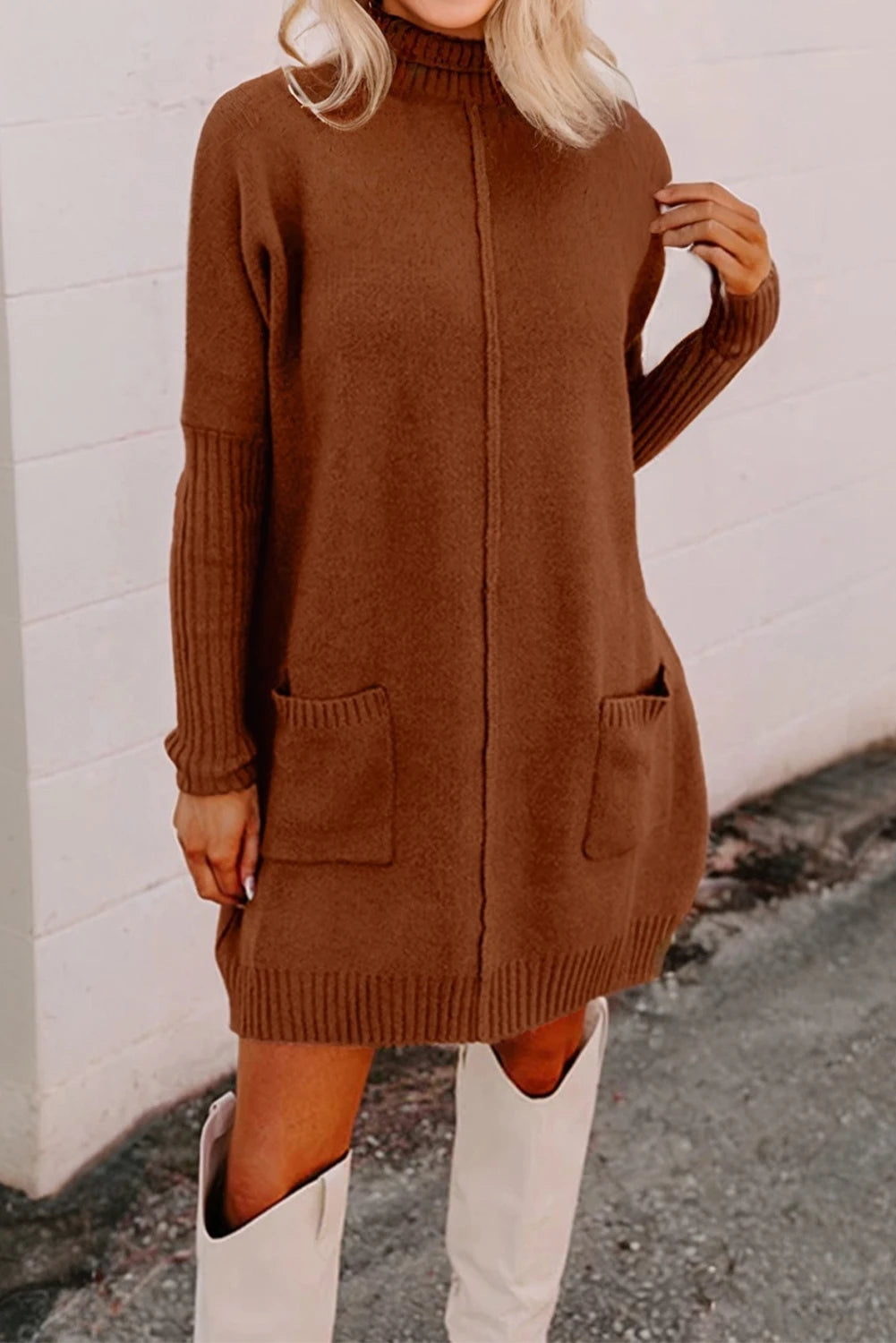 Chestnut Ribbed High Neck Front Pockets Center Seam Shift Sweater Dress image 1