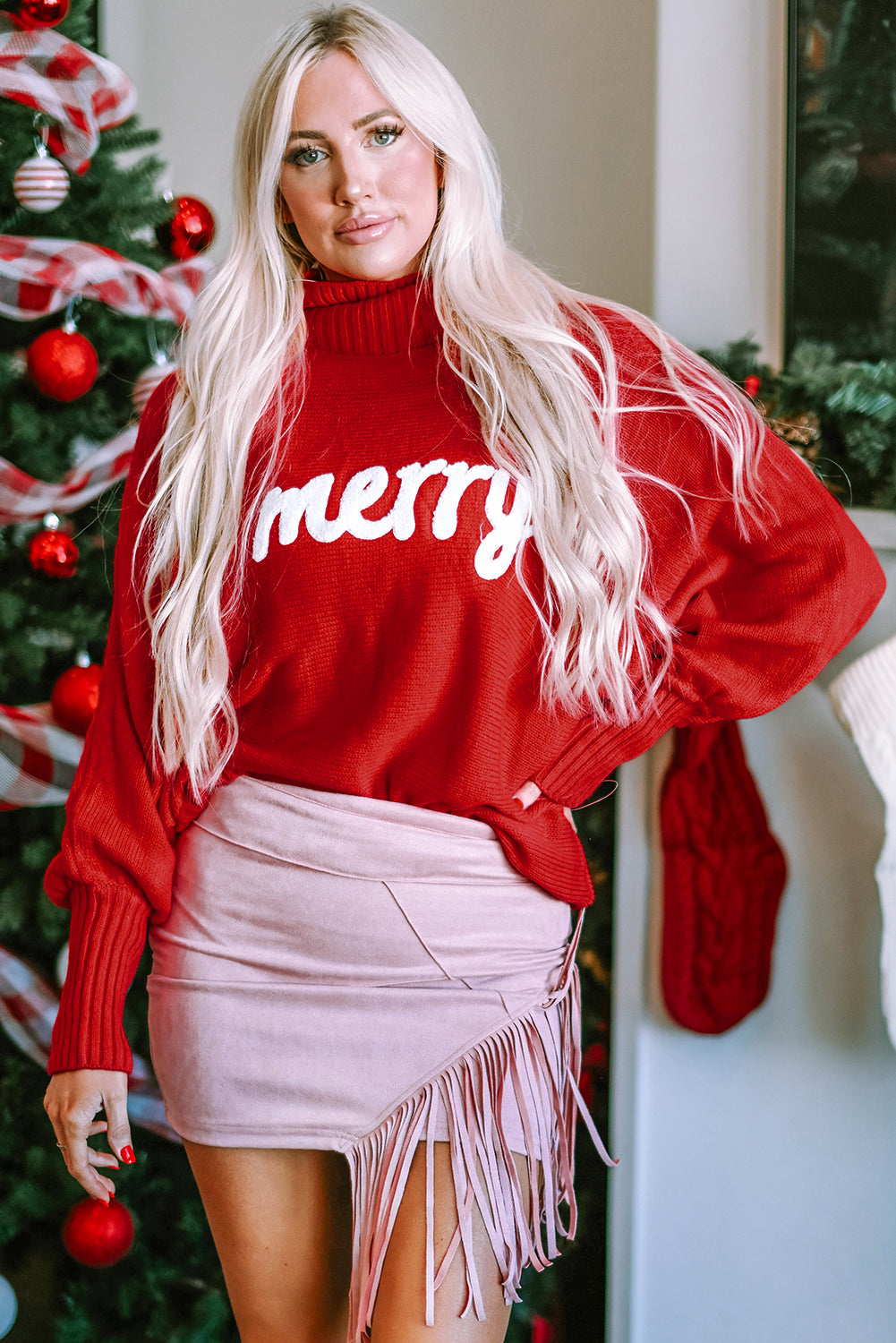 Fiery Red Merry Letter Embroidered High Neck Sweater image 0