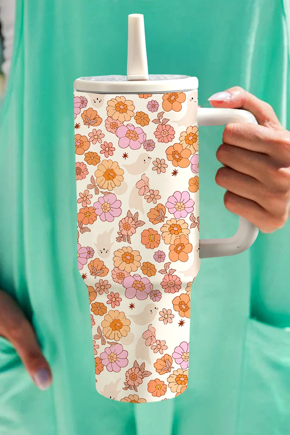 White Cute Floral Ghost Printed Flip Straw Stainless Steel Tumbler image 0