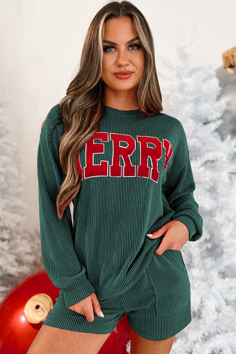 Evergreen corded merry graphic long sleeve top and short set image 5