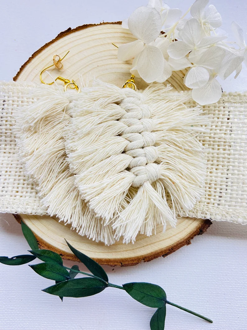 Macrame Cream Feather Earrings image 1