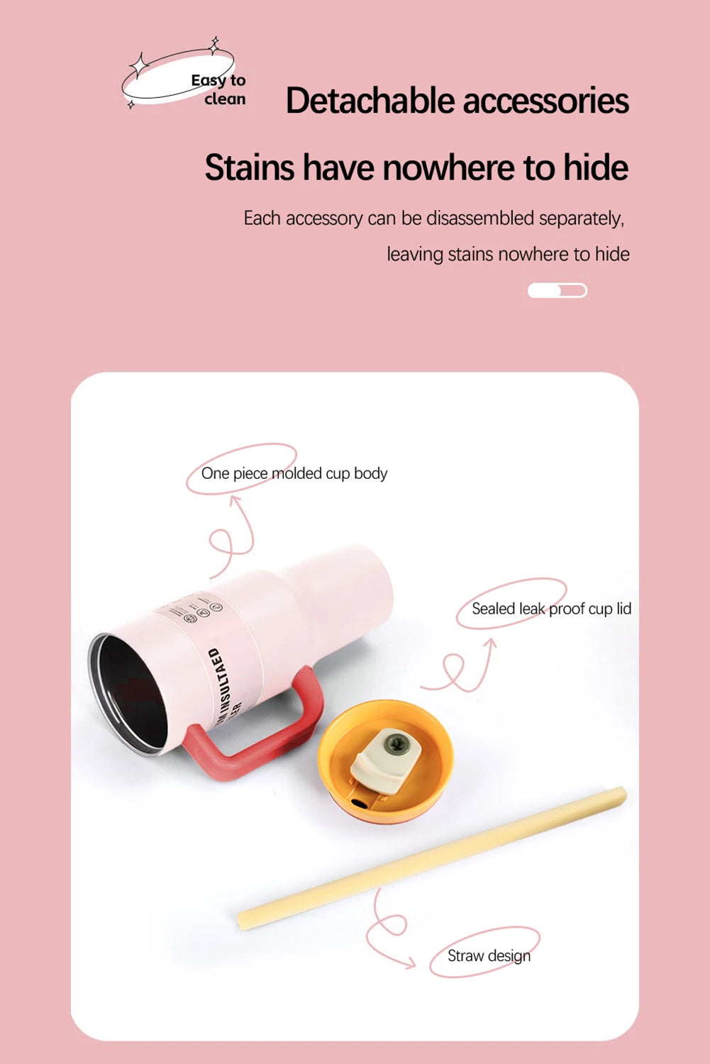 Light Pink Color Block Handle Lid Stainless Steel Insulation Tumbler with Straw image 5