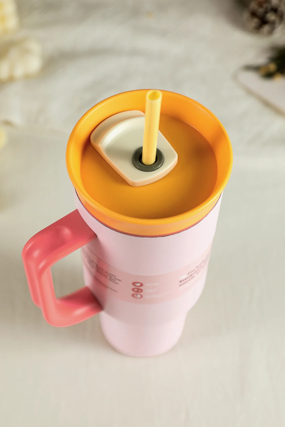 Light Pink Color Block Handle Lid Stainless Steel Insulation Tumbler with Straw image 2