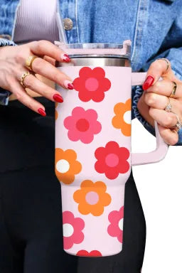 Multicolor Flower Print Handled Stainless Steel Vacuum Cup 40oz image 0
