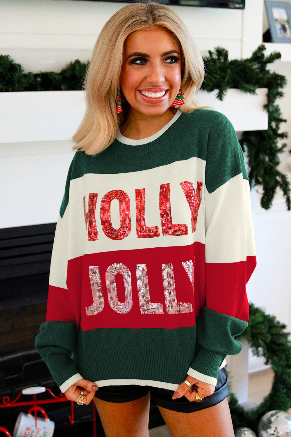 Green Sequined HOLLY JOLLY Color Block Crew Neck Sweater