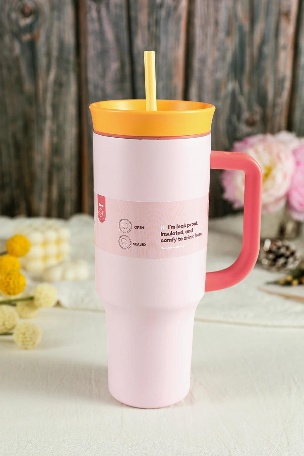 Light Pink Color Block Handle Lid Stainless Steel Insulation Tumbler with Straw image 0