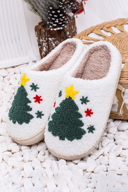 White Fuzzy Christmas Tree Pattern Home Slippers image 0