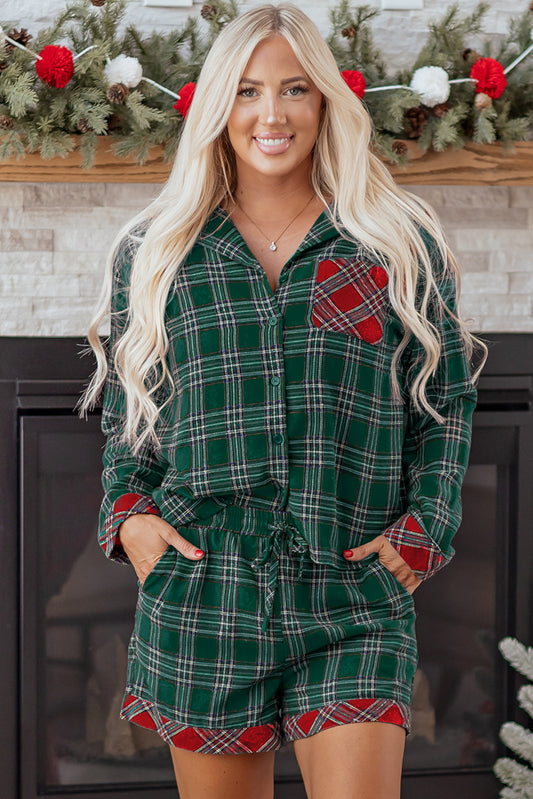 Green Plaid Contrast Patched Christmas Holiday Long Sleeve Shirt and Short 2pcs Pajama Set
