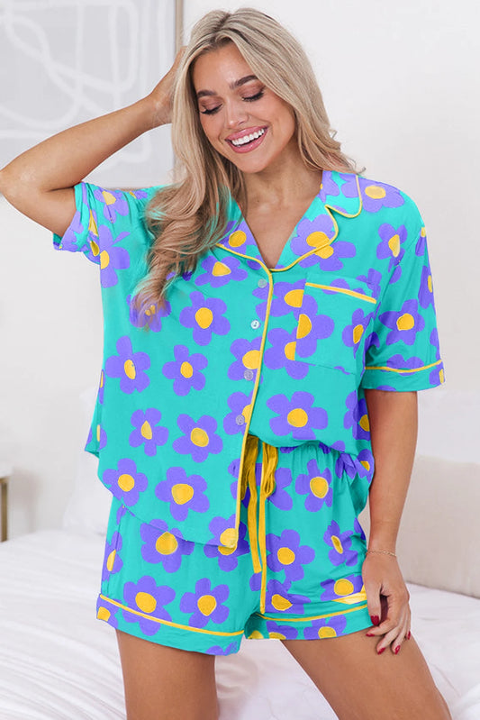 Green Flower Print Short Sleeve Shirt Pajamas Set image 0