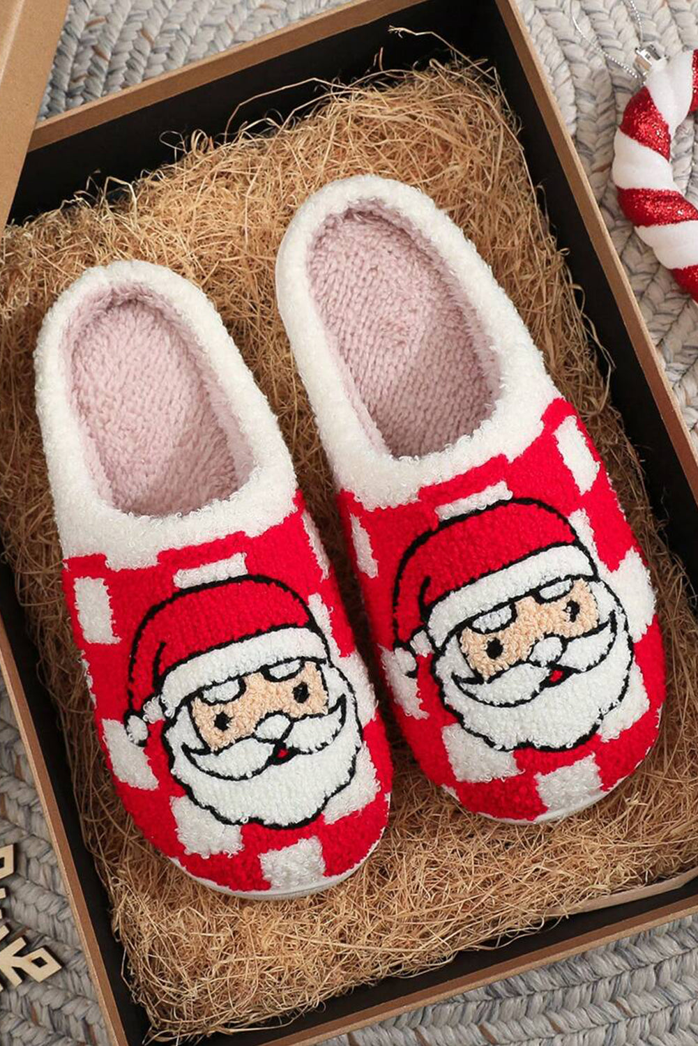 Fiery Red Checkered Santa Claus Graphic Plush Home Slippers image 0