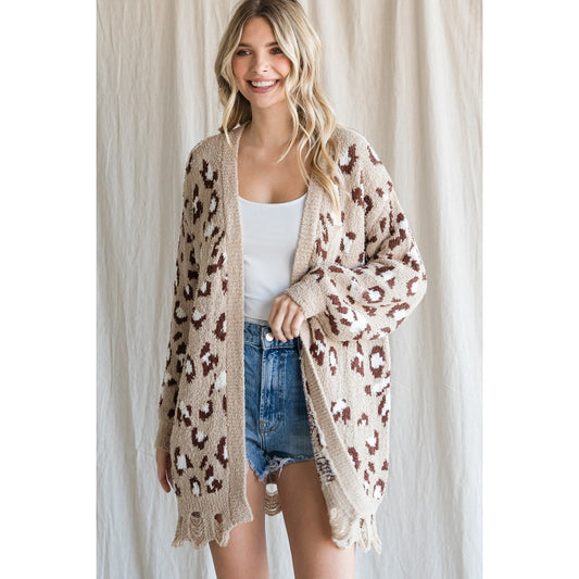 Cozy Ideal Taupe Leopard Print Distressed Cardigan image 0
