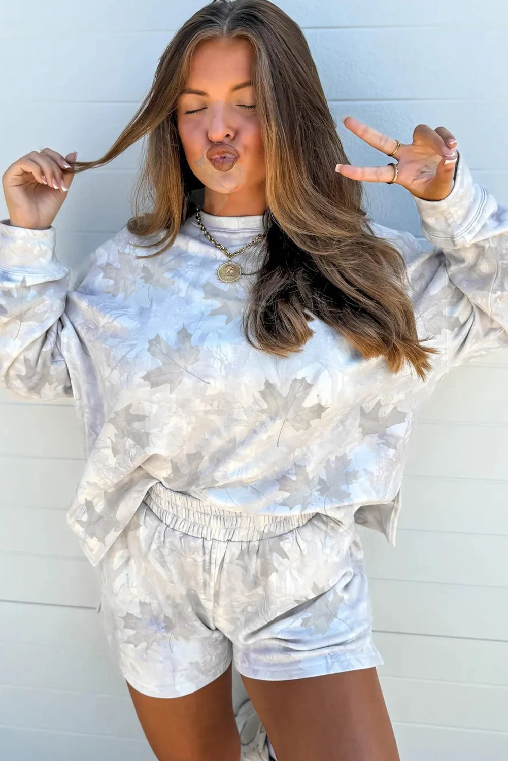 Beige Camo Print Pullover Top and Elastic Waist Casual Short Set image 1