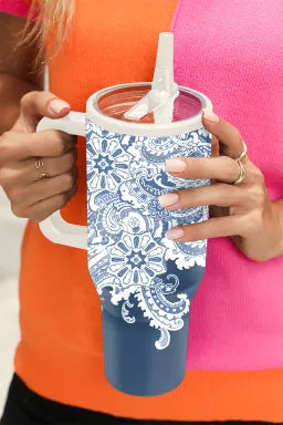 Sky Blue Vintage Pattern Print Stainless Steel Portable Cup 40oz image 3