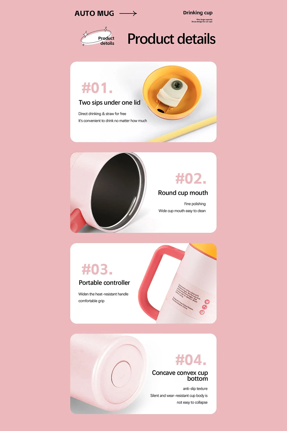 Light Pink Color Block Handle Lid Stainless Steel Insulation Tumbler with Straw image 7