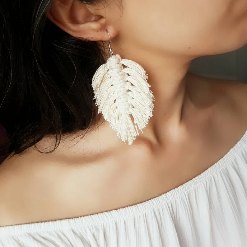 Macrame Cream Feather Earrings image 2