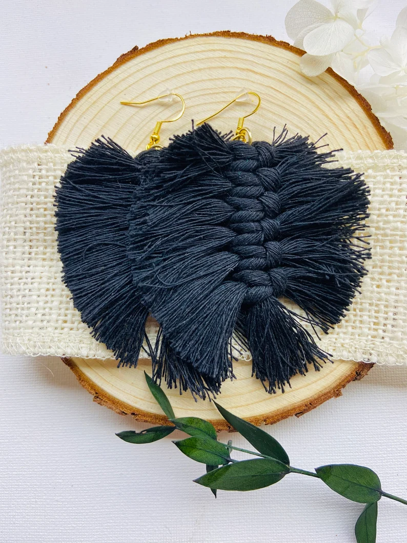 Macrame Black Feather Earrings image 1