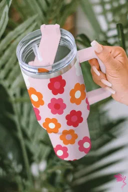 Multicolor Flower Print Handled Stainless Steel Vacuum Cup 40oz image 2