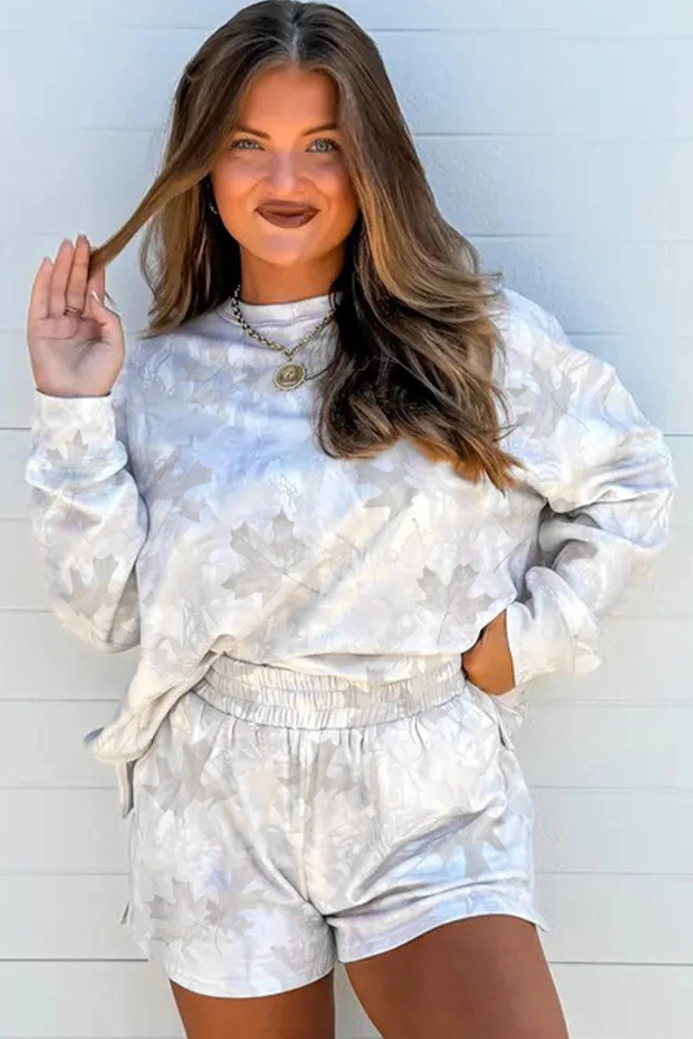 Beige Camo Print Pullover Top and Elastic Waist Casual Short Set image 0