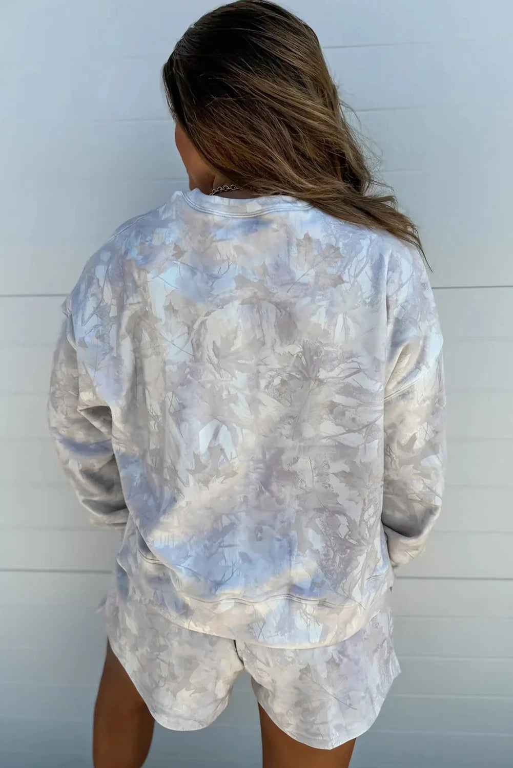 Beige Camo Print Pullover Top and Elastic Waist Casual Short Set image 3