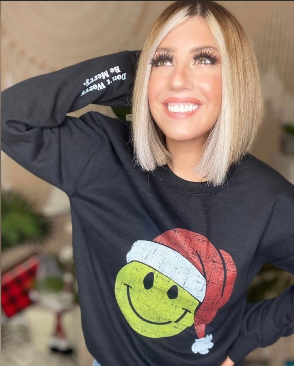Smiley Face Santa Hat black Graphic Sweatshirt image 0