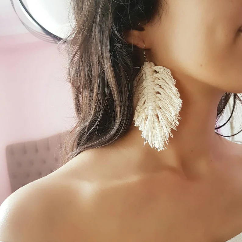 Macrame Cream Feather Earrings image 0