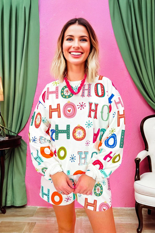 White Ho Ho Ho Christmas Fashion Print 2pcs Lounge Short Set image 0