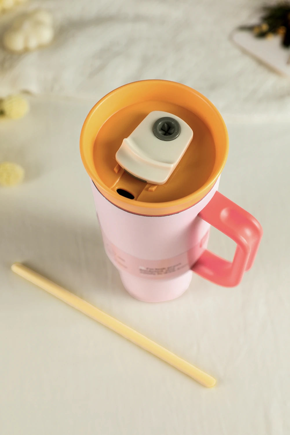 Light Pink Color Block Handle Lid Stainless Steel Insulation Tumbler with Straw image 3