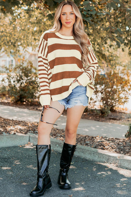 Brown Stripe Drop Shoulder Sleeve Sweater