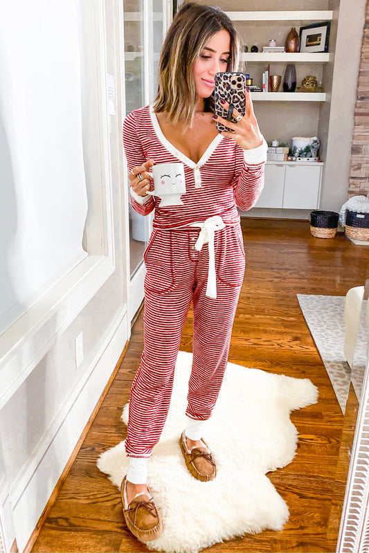 Red Stripe Buttoned V Neck Top and Knotted Waist Pants Lounge Set image 1