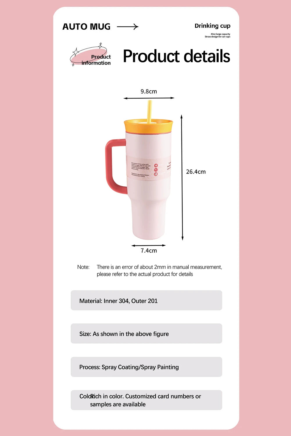 Light Pink Color Block Handle Lid Stainless Steel Insulation Tumbler with Straw image 4