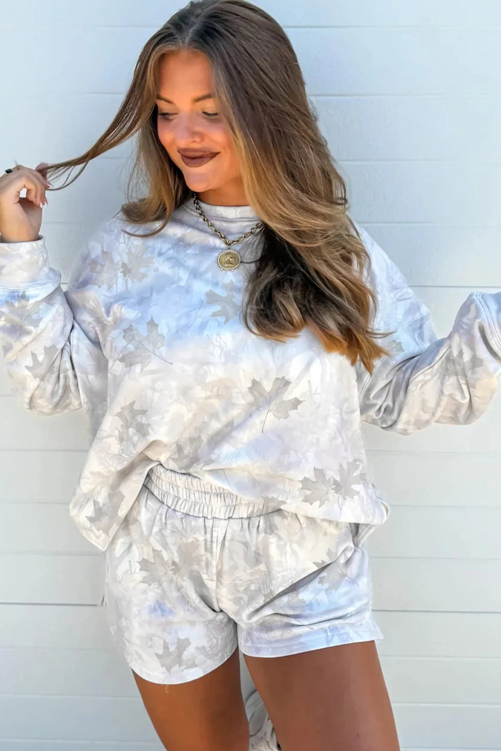 Beige Camo Print Pullover Top and Elastic Waist Casual Short Set image 4