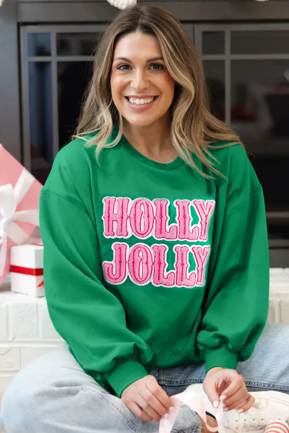 Sea Green holly jolly Towel Embroidered Christmas Holiday Sweatshirt image 0