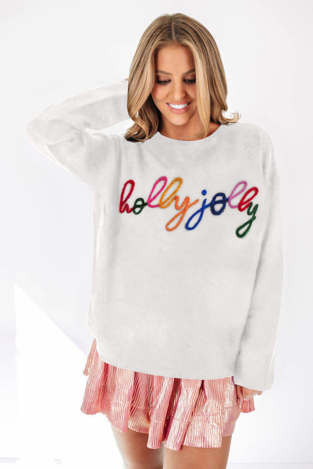 White Holly Jolly Round Neck Casual Sweater image 0