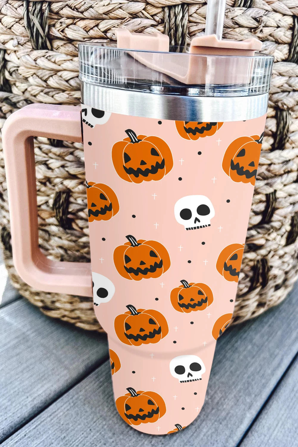 Orange Halloween Pumpkin Skull Print Handle Straw Tumbler 40oz image 0