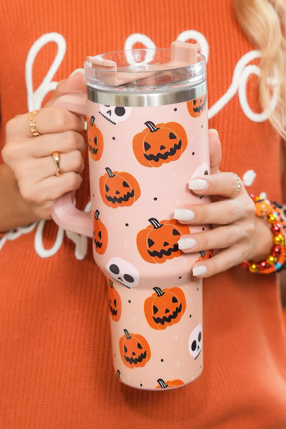 Orange Halloween Pumpkin Skull Print Handle Straw Tumbler 40oz image 1